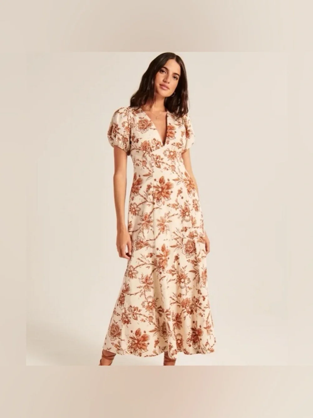 Abercrombie & Fitch Puff Sleeve Slim Poplin Cotton Midi Dress Cream Brown  Floral